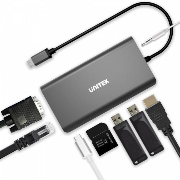 Actual product image Unitek HUB USB HUB 8-w-1 USB-C 3.1 HDMI VGA RJ45 SD PD 100W D1019B (USB-C, 8 Ports)