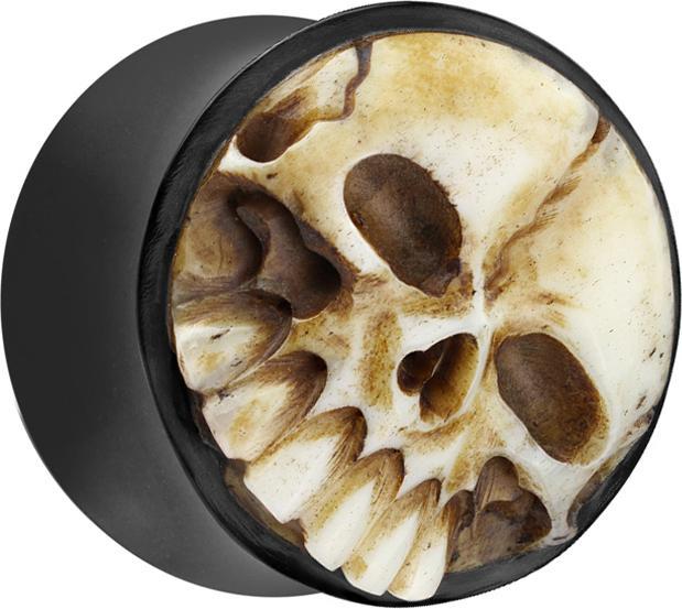 Produktbild Star Piercing Flared Plug aus Wasserbüffelhorn 3D Schädel aus Wasserbüffelknochen (ohne Messing, Organisch)