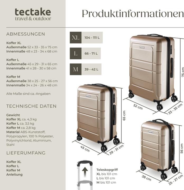 Actual product image tectake Hardshell Suitcase Set Brice - L, M & S sizes, made from ABS plastic, 360° swivel wheels, expandable (111 l, M (50 - 90l), L (90 - 115l), XL (from 140l))