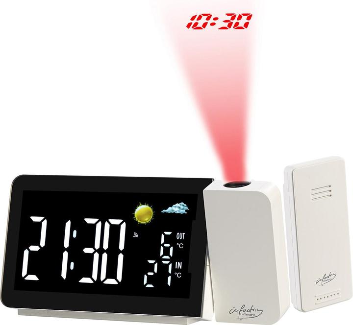 Image du produit Infactory Station météo sans fil avec réveil par projection, capteur extérieur, port USB, blanc
