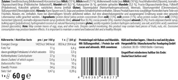 Valori nutrizionali e ingredienti Foodspring Barretta proteica (Muffin al cioccolato, 12 pz., 720 g)