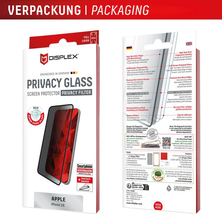 Actual product image Displex Privacy Glass, Privacy Full Cover Panzerglas (1 Piece, Apple iPhone 16)