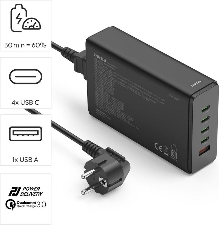 Productafbeelding Hama Laadstation 5 poorten, GaN, snellader, 4xUSB-C, 1xUSB-A, PD, 240 W, SW (240 W)