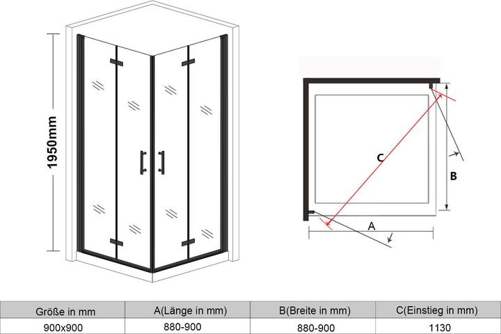 Image du produit SONNI Porte pliante, cabine de douche, entrée d'angle, cabine de douche, 90 x 90 cm, noir, 6 mm, ver (100 cm, 90 cm, 195 cm)