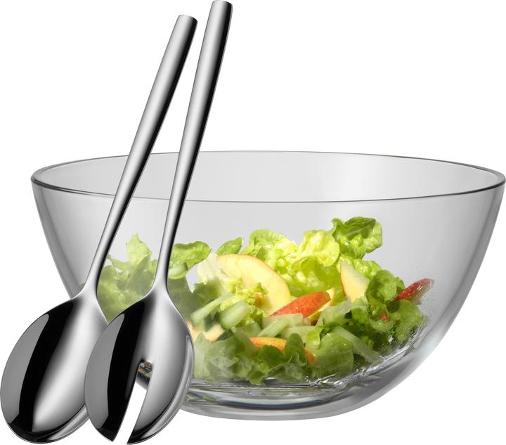 Produktbild WMF Salatschüssel Set mit Salatbesteck 25cm Taverno Glas Edelstahl 18/10 poliert (23.50 cm, 2.50 l, 3 x)