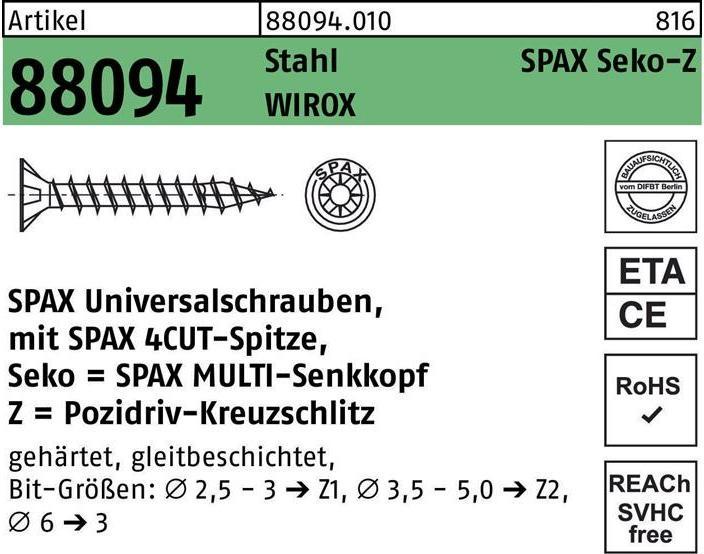 Spax Vis R 88094 Senkkopf m.Spitze/Kreuzschl.-PZ (1000 Vis par pièce)