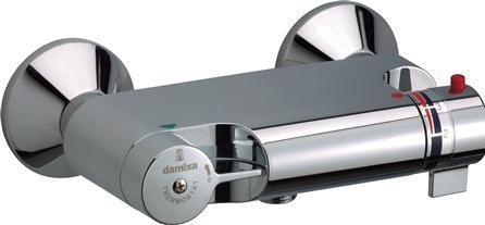 Actual product image FM Mattsson DAMIXA TMC thermostatic mixer with 1/2" shower outlet at the bottom and exclusive fittings and