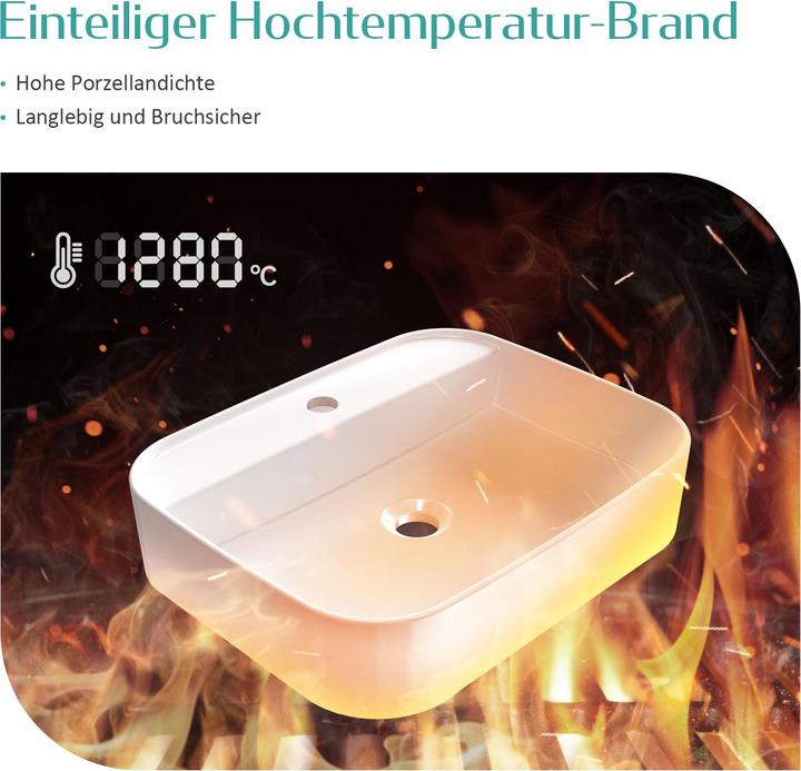 Produktbild Emke Aufsatzwaschbecken Keramik Waschbecken Hängewaschbecken Eckiger Waschtisch Weiss Glänzend (Mit H (400 mm, 600 mm)
