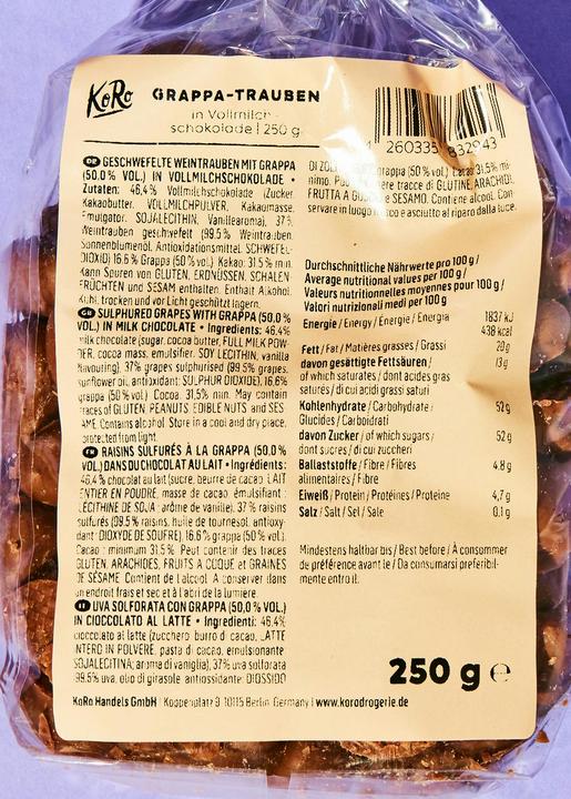Image du produit KoRo Raisins (sulfurés) à la grappa dans du chocolat au lait entier (1 pcs, 250 g)