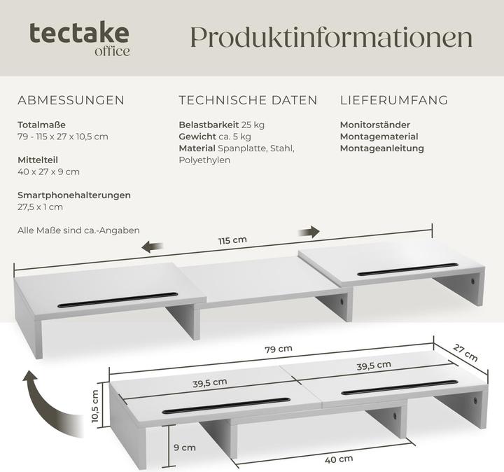 Immagine prodotto tectake Supporto monitor Bozen, 3 pezzi, inclusi supporti per smartphone