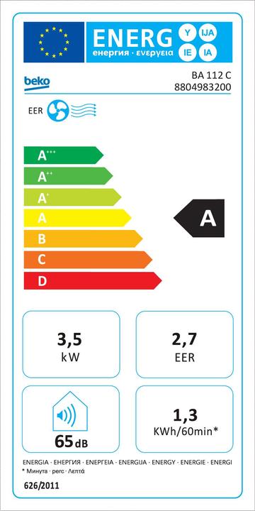 Label énergétique Beko BA112C (37 m², 3500 BTU/h)