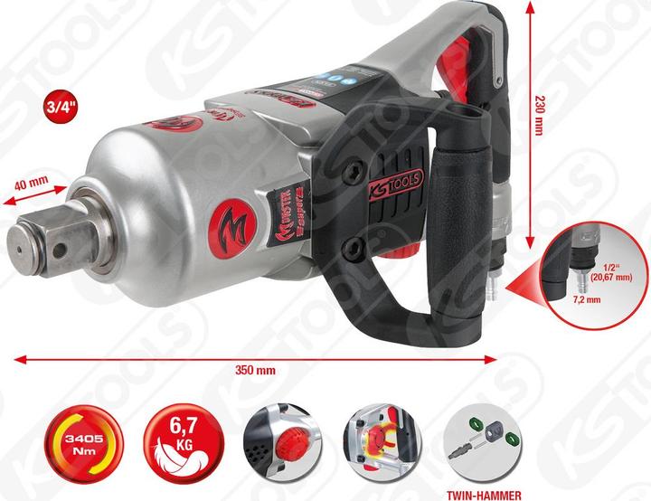 Immagine prodotto KS Tools Avvitatore ad aria compressa ad alte prestazioni 3/4" superMONSTER, 3405 Nm, L 350 mm (Aria compressa)