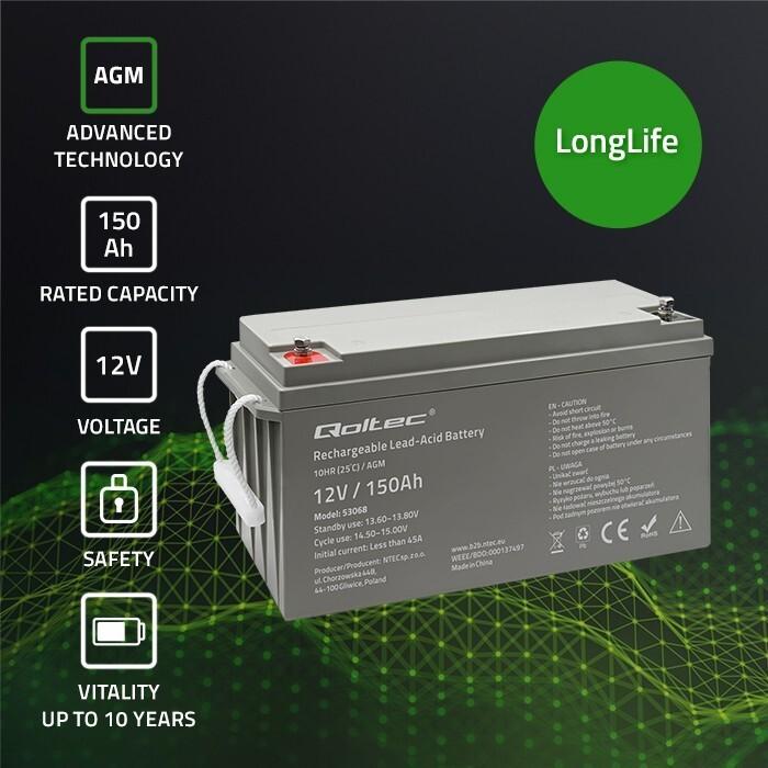 Produktbild Qoltec AGM-Batterie | 12V | 150Ah | max. 2250A (12 V, 150 Ah)
