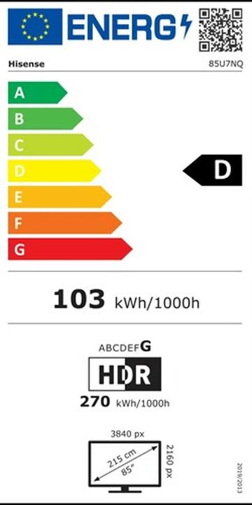 Label énergétique Hisense TV 85U7NQ (85", Mini-LED, LED, DHU, 2023)