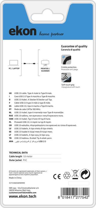 Actual product image Ekon Type A-B male USB printer cable (1.80 m, USB 2.0)