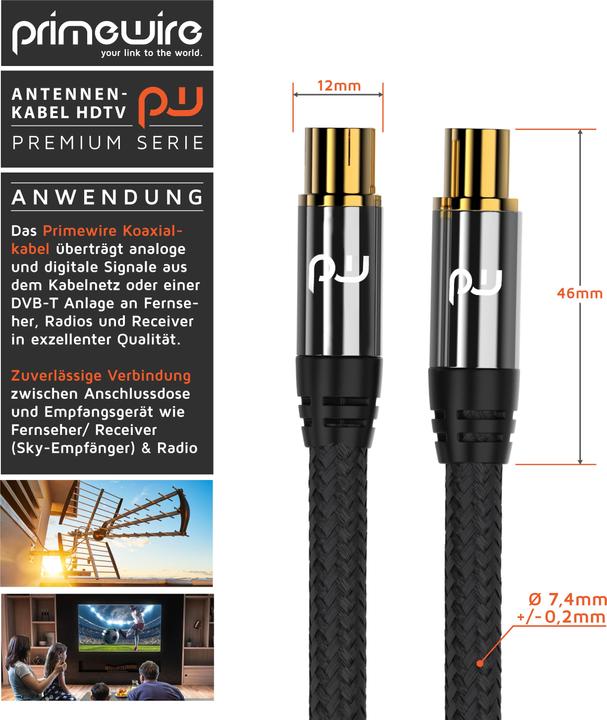 Primewire HDTV Antennenkabel mit Braiding, Premium Koaxialkabel 75 Ohm / 135 dB, TV Kabel, 4K HDTV, DVB-T DAB (135 dB, Antennenkabel)
