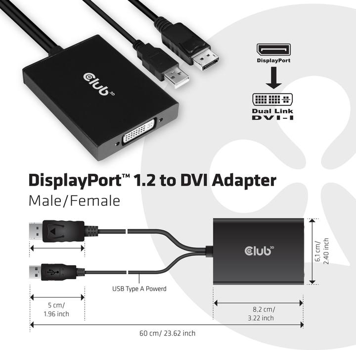Actual product image Club 3D CAC-1010 DisplayPort to Dual Link DVI-I active adapter (USB, 6.10 cm)