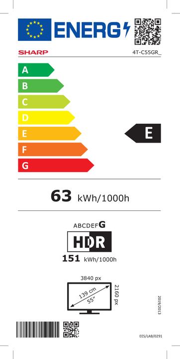 Energie-Label Sharp 55GR8265E 55" (139cm) 4K Ultra HD QLED Smart Google Frameless TV, 144Hz, Dolby Vision IQ, Dolby Atmo (55", GR8, QLED, 4K, 2024)
