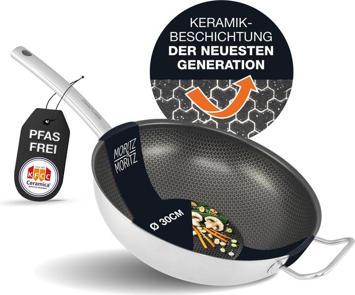 Moritz & Moritz Edelstahl Wokpfanne 30cm mit Keramikbeschichtung der neuesten Generation (Wok Pfanne, Edelstahl)