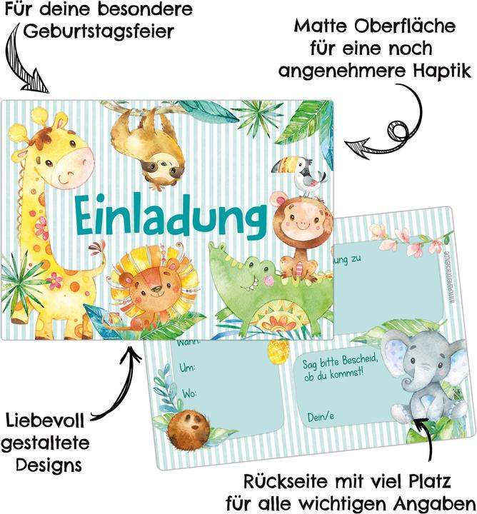 Produktbild Papierdrachen 12 Einladungskarten zum Geburtstag – Afrika Tiere (12 Stk.)