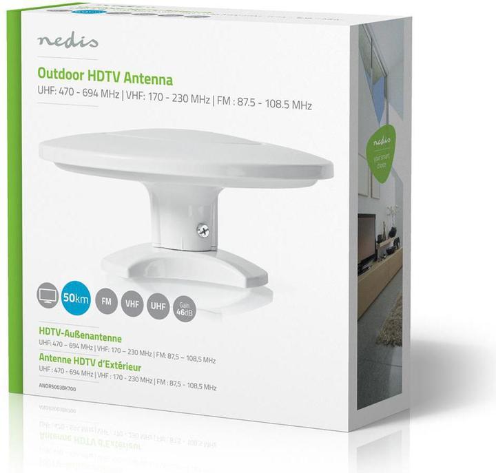 Actual product image Nedis Active HDTV antenna Active Connection type: F connector FM/UHF/VHF Reception range: 0-50 km LTE700 (46 dB, UKW / MW / LW, LTE, DVB-T / -T2)