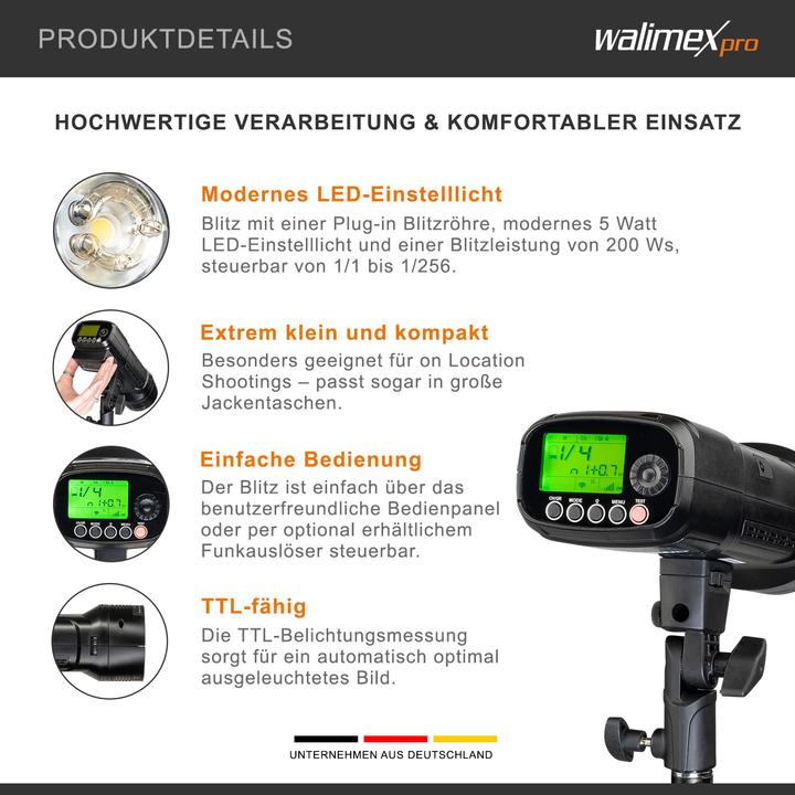 Immagine prodotto Walimex pro Flash da studio a batteria Mover 200 TTL (200 W, Testa flash)
