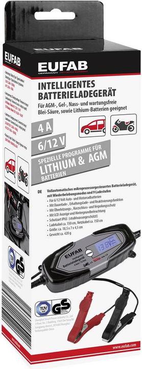 Immagine prodotto Eufab Caricabatterie intelligente 6/12V 4A, anche per batterie al litio 16647 Caricabatterie per auto, Au (6V, 12V, 4 A)