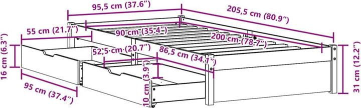 Image du produit VidaXL Lit en bois massif Lit simple avec tiroirs 90x200cm pin (90 x 200 cm)