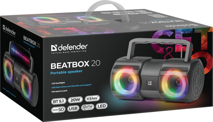 Image du produit Defender HAUT-PARLEUR BEATBOX 20 BLUETOOTH 20W LIGHT/BT/MIC/FM/USB/TF (5 h, Fonctionnement sur piles)