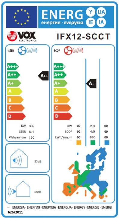 Etichetta energetica Vox AirCon IFX12-SCCT (WiFiready, 8°C CTemp, VFilter, SFilter) (12000 BTU/h)