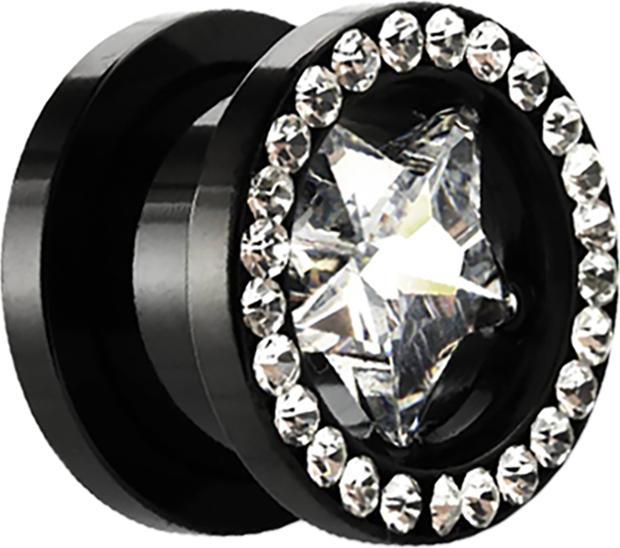 Actual product image Star Piercing Flesh Tunnel black with crystal silver and star (without brass, Surgical steel 316L)