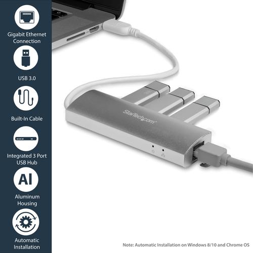 Image du produit StarTech Hub mobile USB 3.0 à 3 ports avec Gigabit Ethernet - Hub USB en aluminium avec adaptateur Gigabit (USB-A, 4 Ports)