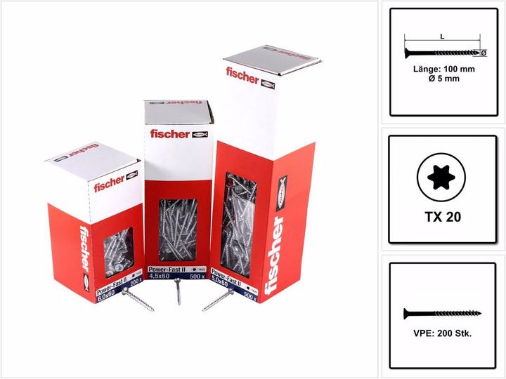Immagine prodotto Fischer Power-Fast II FPF II Vite truciolare 5.0x100 mm 200 pezzi ( 670365 ) Testa svasata con Torx T (200 Viti per pezzo)