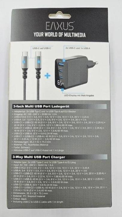 Actual product image Eaxus USB charger with charging cable, 3 ports, 2x type-C & 1x type-A, 65 watts, black (65 W)