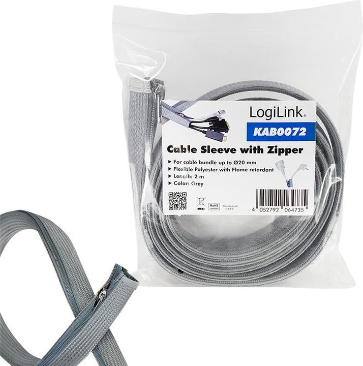 Immagine prodotto LogiLink Guaina per cavi con cerniera, 2,0 m, grigia, in poliestere, resistente all'abrasione, alla trazione (Tubo cavi, 200 cm)