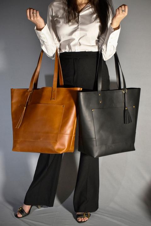 Produktbild Only-Bags.Store Tragetasche aus Leder, schwarze Ledertasche mit Reissverschluss, Arbeitstasche, Ledergeldbörse