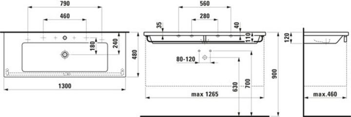 Produktbild Laufen Living Square Waschtisch, unterbaufähig, 3 Hahnlöcher, 1300x480, weiss, H8164360001 (480 mm, 1300 mm)