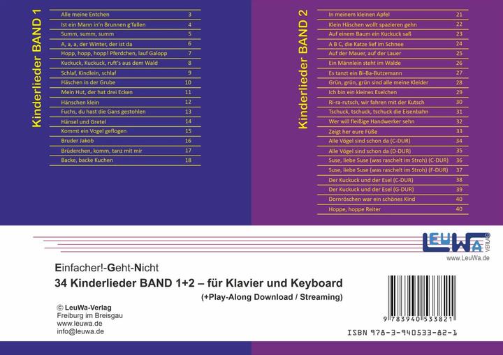 Image du produit Einfacher!-Geht-Nicht: 34 Kinderlieder BAND 1+2 für Klavier und Keyboard (+Play-Along Download (Allemand, Martin Leuchtner, Bruno Waizmann, 2023)