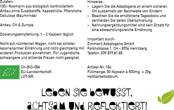Nährwerte und Zutaten Zimmerli Adaptogene Rosmarin Kapseln (BIO) 50 Kapseln (1 Stück, Kapseln, 25 g)