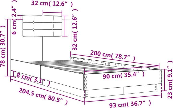 Produktbild VidaXL Bettgestell mit Kopfteil Sonoma-Eiche (90 x 200 cm)