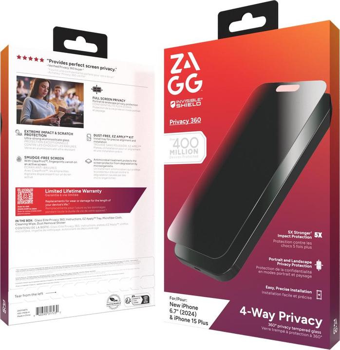 Actual product image Zagg InvisibleShield Glass Elite Privacy 360 Apple iPhone 16 Plus/15+ Screen (1 Piece, Apple iPhone 15, Apple iPhone 16)