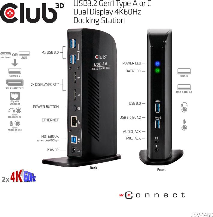 Produktbild Club 3D Dual Display Docking Station 4K60Hz (USB-B, 6 Ports)