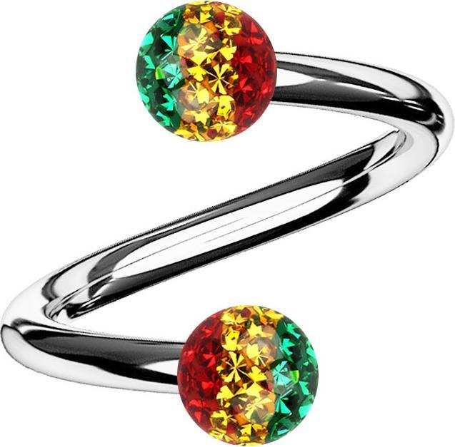 Actual product image Star Piercing Spiral silver with two crystal balls Rasta epoxy protective layer (without brass, Surgical steel 316L)