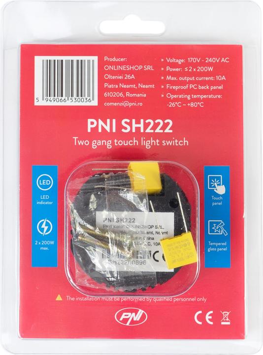 Produktbild PNI SH222 Glas-Doppel-Touch-Schalter, schwarz mit LED-Anzeige, 10 A, 2 x 200 W