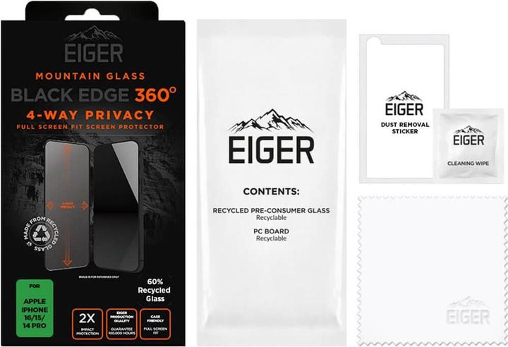 Immagine prodotto Eiger Mountain Glass Black Edge 360 (1 Pezzo/i, Apple iPhone 15, Apple iPhone 14 Pro, Apple iPhone 16)