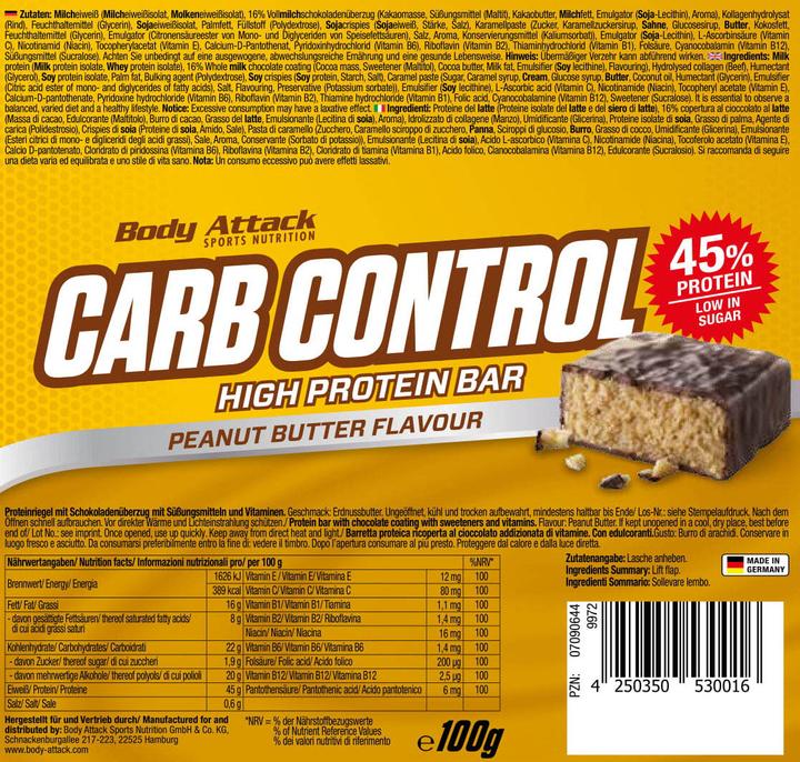 Actual product image Body Attack Carb Control (15x100g bars) (Caramel, Crispy, 15 pcs., 1500 g)
