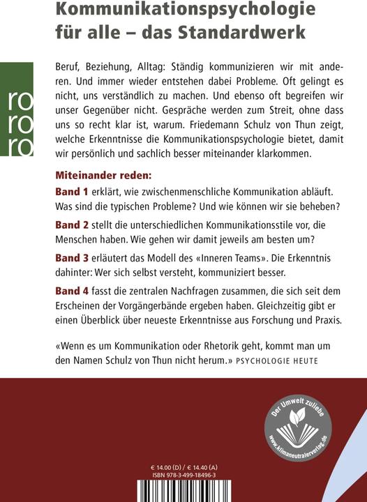 Produktbild Miteinander reden 2. Stile, Werte und Persönlichkeitsentwick (Deutsch, Friedemann Schulz von Thun, 1989)