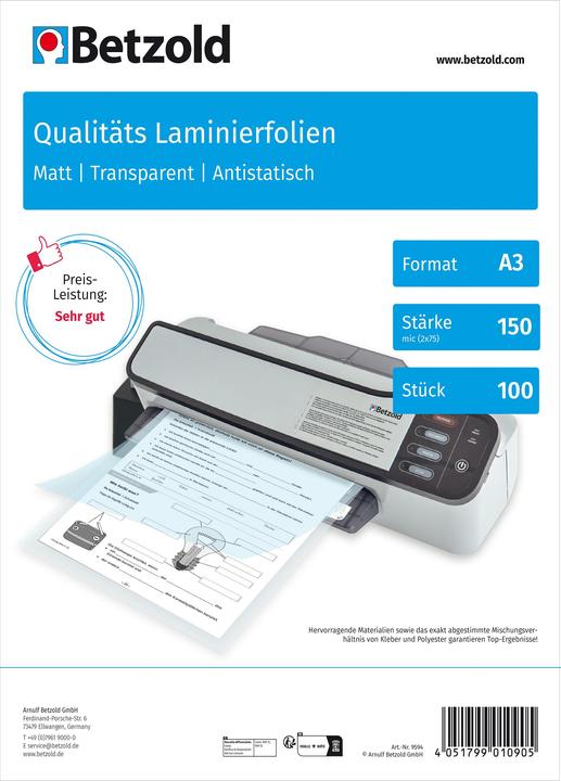 Betzold Carton with 100 laminating foils matt, DIN A3, 150 mic (A3, 100 Piece, 150 µm)