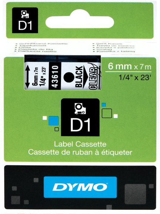 Produktbild Dymo D1 Schriftband 43610 6mmx7.0m schwarz->transp. (0.60 cm, Transparent, Schwarz)