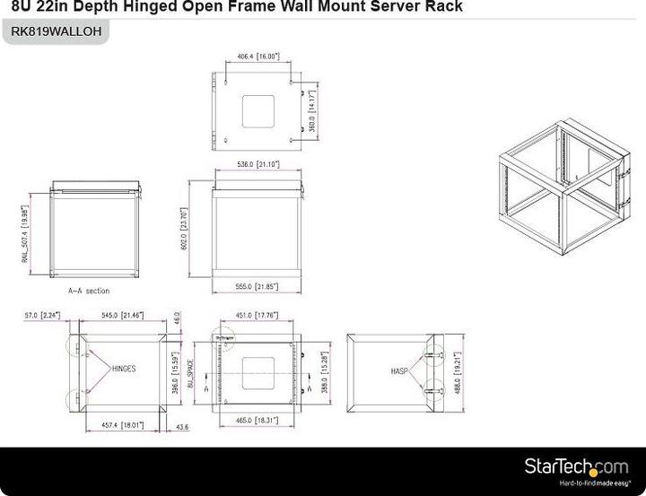 Produktbild StarTech 8 HE offenes 19 Zoll Server Rack mit Scharnier - 55cm tief (8 HE, 19 Zoll Rack)